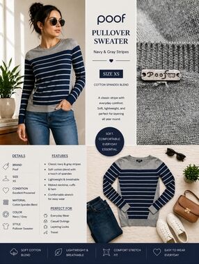 Poof Navy Gray Striped Pullover Sweater XS Cotton Spandex Lightweight Stretch